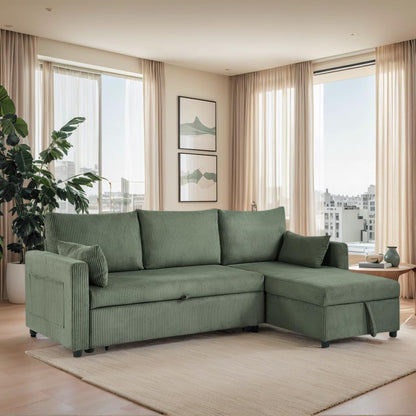 Trygoal Sectional Sleeper Sofa with Pull Out Bed, LShape Convertible Sofa Bed Couch with Storage Chaise, 3 in 1 Pull Out Sofa Bed with 3 Seats, for Living Room,Apartment, Green, 85Inch