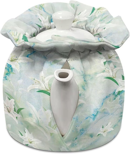 Vintage Cotton Tea Cozies Cover for Teapots, Insulation Breakfast Kettle Cover with Elastic Band, White Lily Print
