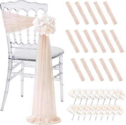 16 Pack SoarDream Champagne Wedding Chair Sashes, Sheer Tulle with Artificial Hydrangea Accents for Ceremony, Reception