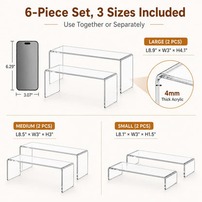 WEITELAI 6 PCS Clear Acrylic Display Risers, Acrylic Risers for Display, Transparent Rectangle Display Stand for Figures, Collectibles, Perfume, Jewelry, Desserts, Cosmetics