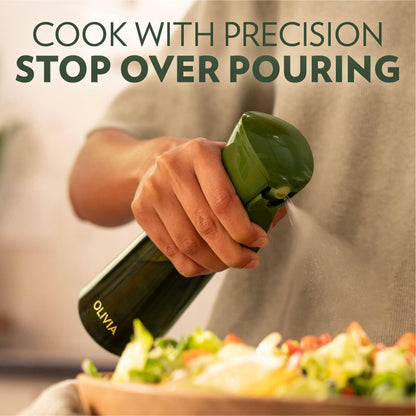 FLAIROSOL OLIVIA Oil Sprayer for Cooking, 200ml Glass Olive Oil Sprayer, Continuous Oil Spray Bottle with Portion Control, Oil Dispenser for Kitchen, Air Fryer, Salad, BBQ (Green Bottle, Gold Print)