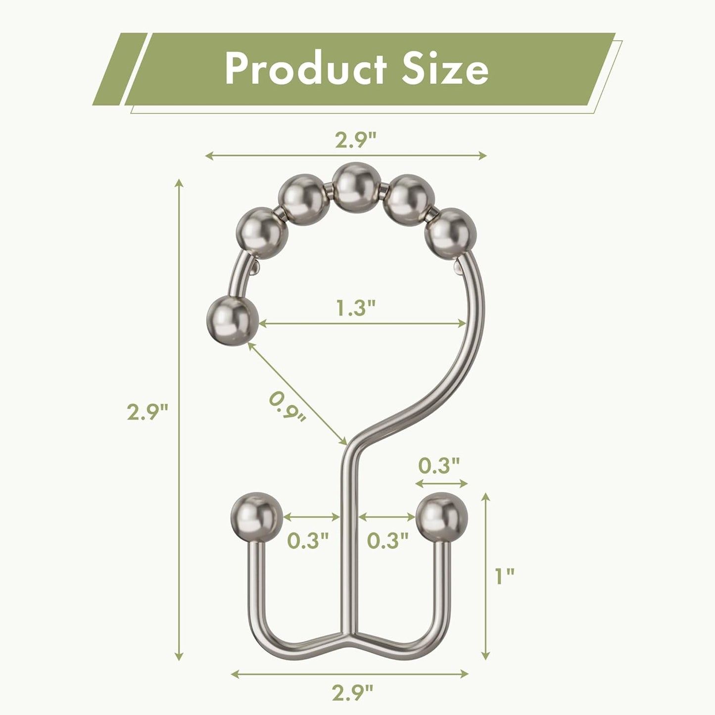 Amazer Shower Curtain Hooks - 12PCS Rust-Resistant Metal Double Rings for Easy Curtain Rolling | Nickel Finish