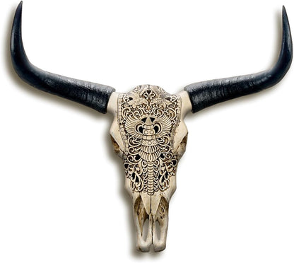 XOUXYJUN Long Horn Cow Skull, Cow Skull Wall Hanging Decor,Wall Hanging Faux Longhorn Skull Faux Taxidermy Animal Head, Handmade Decor Home Sculpture Faux Bull Horns for Wall 27″*26″*10″ (White)