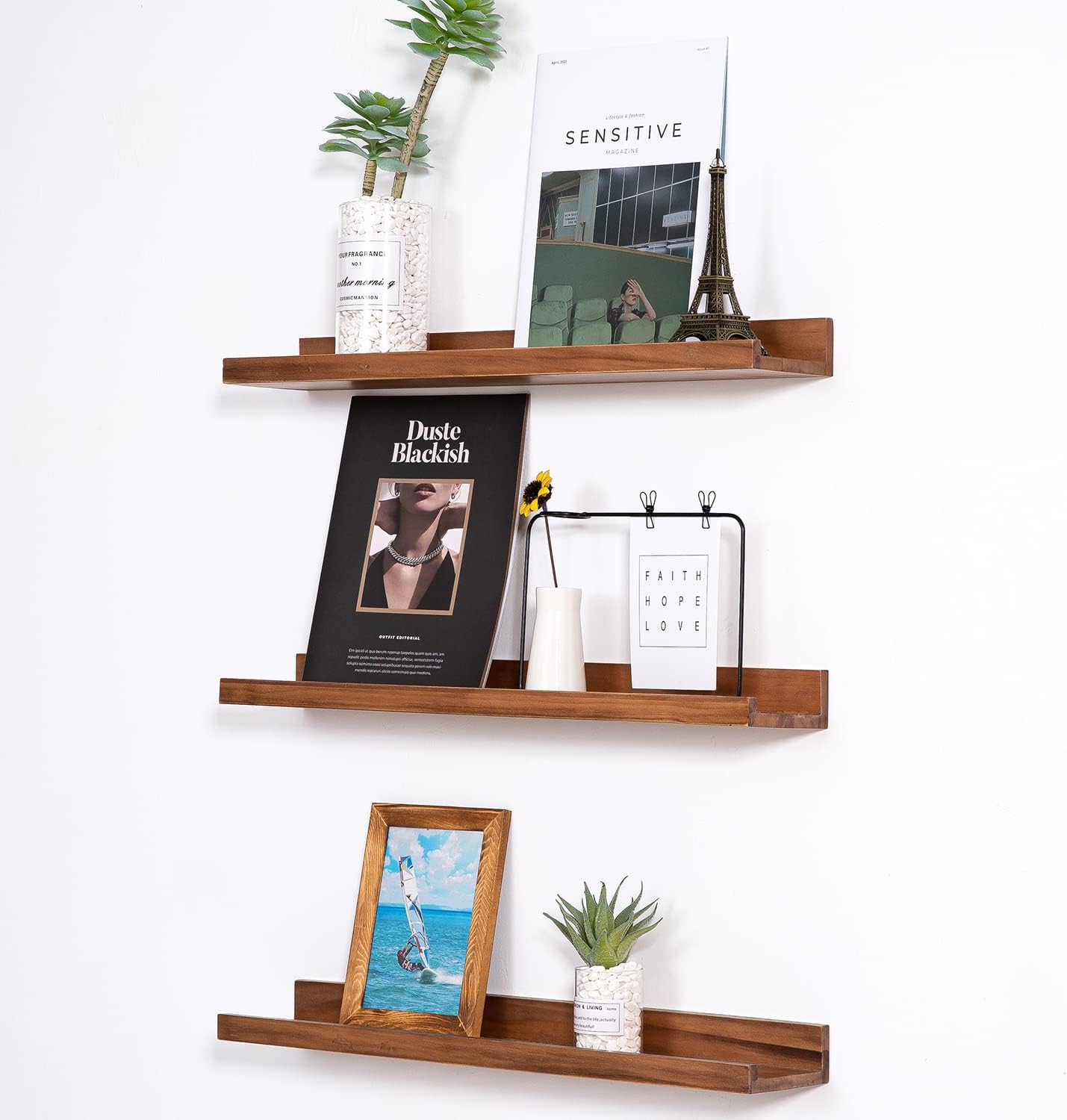 24 Inch 3 MBYD Floating Wall Shelves Wood Photo Picture Ledge Shelf, Light Walnut Nursery Kids Bookshelf Same Sizes