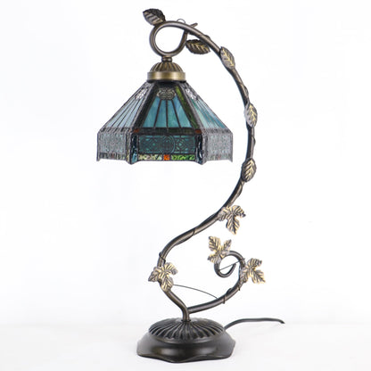 LXHCYOU Tiffany Table Lamp, Stained Glass Desk Light, 8X10X21 Inches, Metal Leaf Base (Sapphire Style)