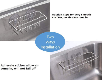 TESOT Sink Caddy Sponge Holder for Kitchen Sink Dish Cloth Hanger 2 Suspension Options(Suction Cups and Adhesive Hook), SUS304 Stainless Steel, Silver