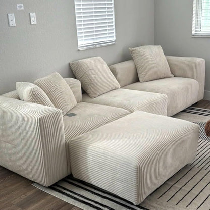 Acanva Corduroy Convertible Modular L Shaped Sectional Sofa, 4 Seater Free Combination Corner Couch, Convertible to DayBed, Wide Loveseat with Moveable Ottomans for Small Spaces, Sleeper Bed, White