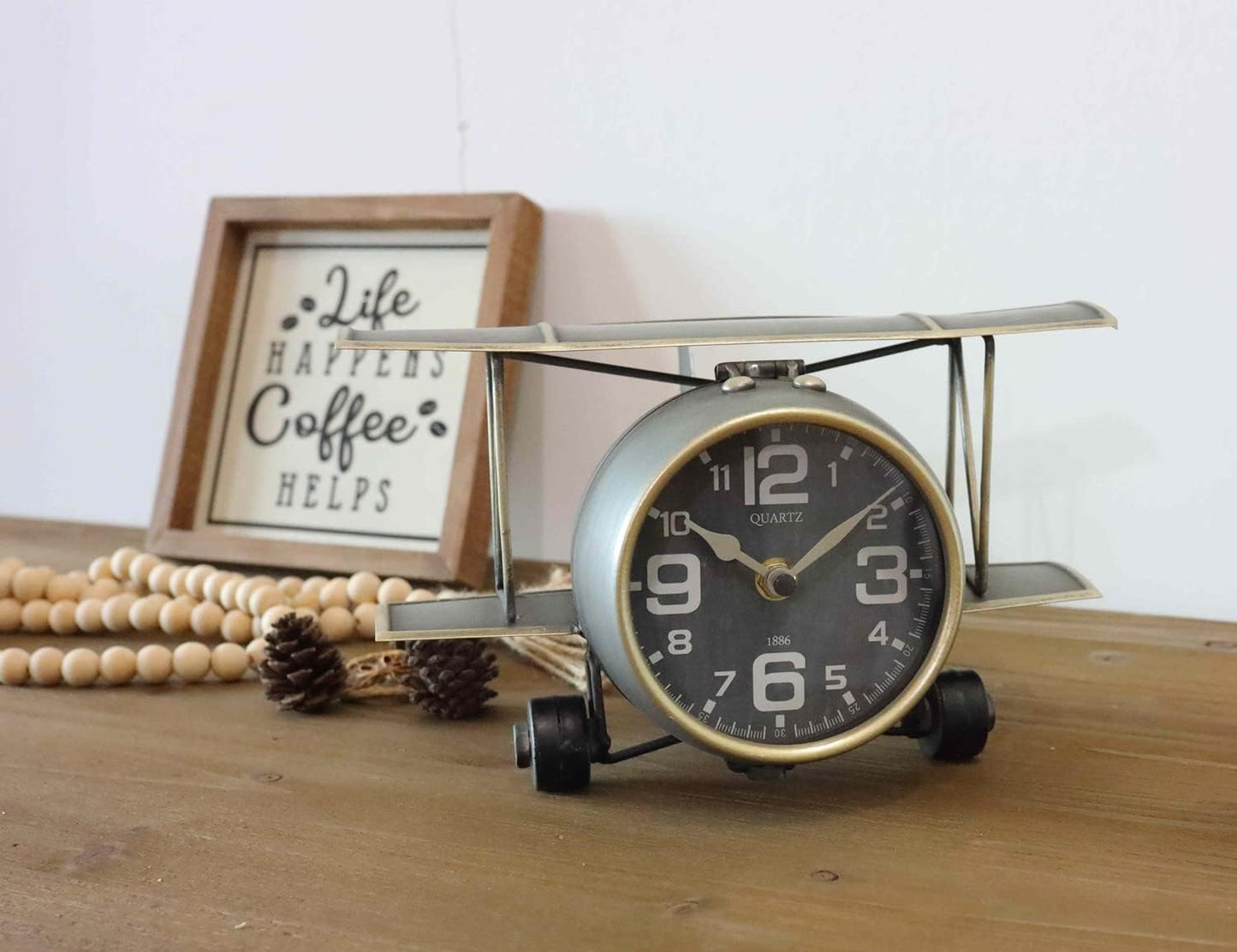 TenFuju Airplane Metal Tabletop Clock Industrial Home Decor Accents for The Mantel, Shelf, Desk, or Any Table Top