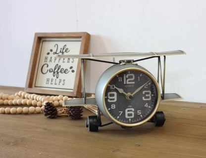 TenFuju Airplane Metal Tabletop Clock Industrial Home Decor Accents for The Mantel, Shelf, Desk, or Any Table Top