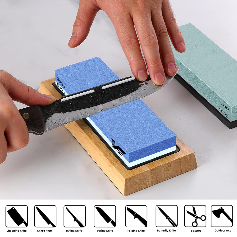 vuwo Knife Sharpening Stone Kit - Whetstone Grit 400/1000 3000/8000 Premium Knife Sharpener Wet Stone Set with Bamboo Base Angle Guide Leather Strop Flattening Stone Silicon holder