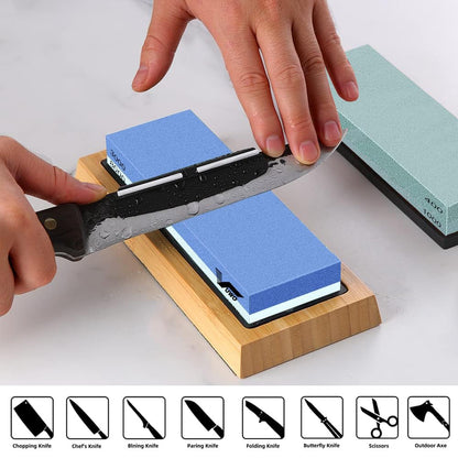 vuwo Knife Sharpening Stone Kit - Whetstone Grit 400/1000 3000/8000 Premium Knife Sharpener Wet Stone Set with Bamboo Base Angle Guide Leather Strop Flattening Stone Silicon holder