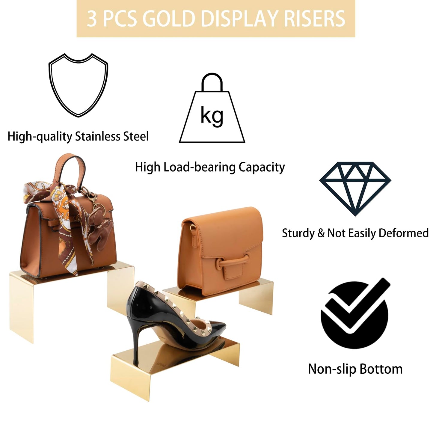 MCKECHSION Purse Display Stand Set of 3, Gold Stainless Steel Handbag Holders, Heavy Duty Metal Riser Stands for Wallets, Bags, Shoes, Perfume, Jewelry – Boutique & Retail Countertop Display