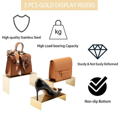 MCKECHSION Purse Display Stand Set of 3, Gold Stainless Steel Handbag Holders, Heavy Duty Metal Riser Stands for Wallets, Bags, Shoes, Perfume, Jewelry – Boutique & Retail Countertop Display