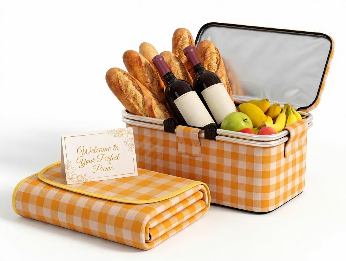 22L Collapsible Picnic Basket with Insulated Cooler, Includes Oversized 80"x80" Waterproof Blanket, Leakproof Aluminum Frame Market Grocery Tote for Family Camping, Beach & Outdoor Dates Yellow Plaid
