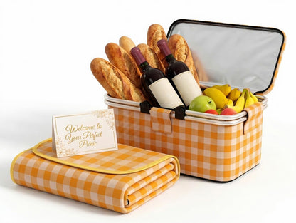 22L Collapsible Picnic Basket with Insulated Cooler, Includes Oversized 80"x80" Waterproof Blanket, Leakproof Aluminum Frame Market Grocery Tote for Family Camping, Beach & Outdoor Dates Yellow Plaid