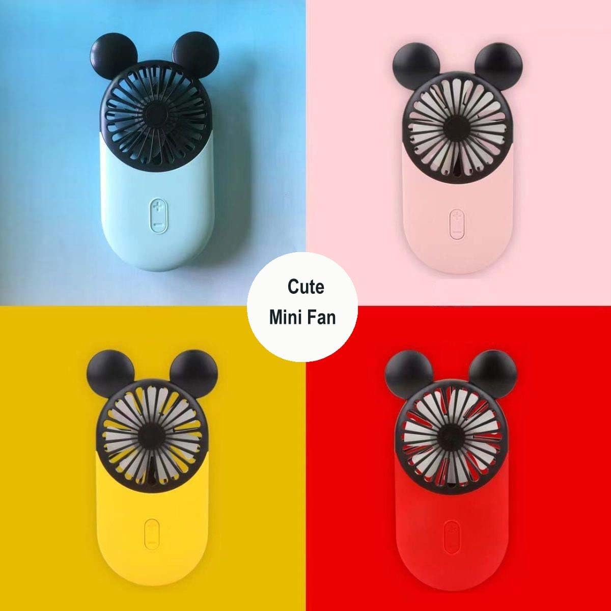 Cute Personal Mini Fan (2 PACK), USB Rechargeable Handheld Fan with Stylish LED Light, 3 Speed Adjustable, Cute Mouse