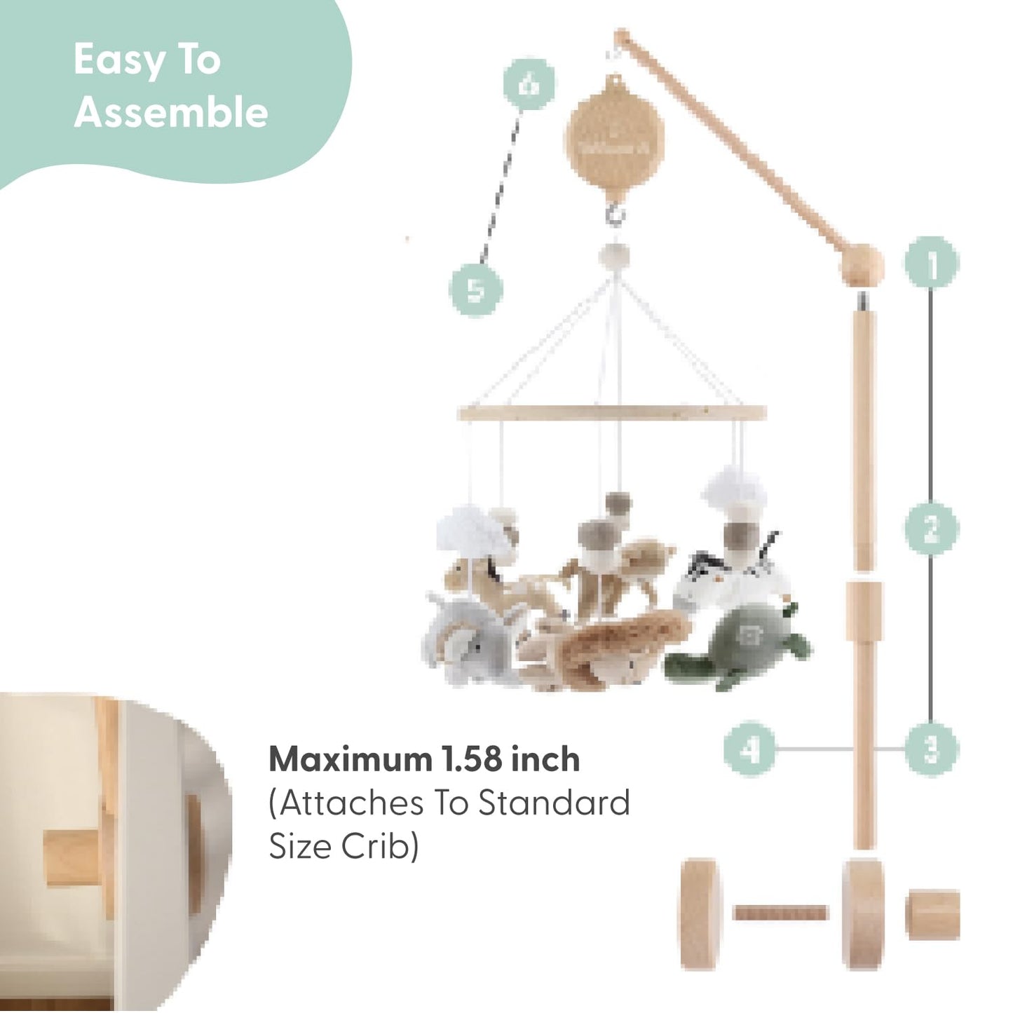 The Peanutshell Crib Mobile for Boys or Girls - Wooden Musical Baby Crib Mobile with 12 Lullabies, Jungle Animal, Baby Mobile Crib Safari Serenity Nursery Decor