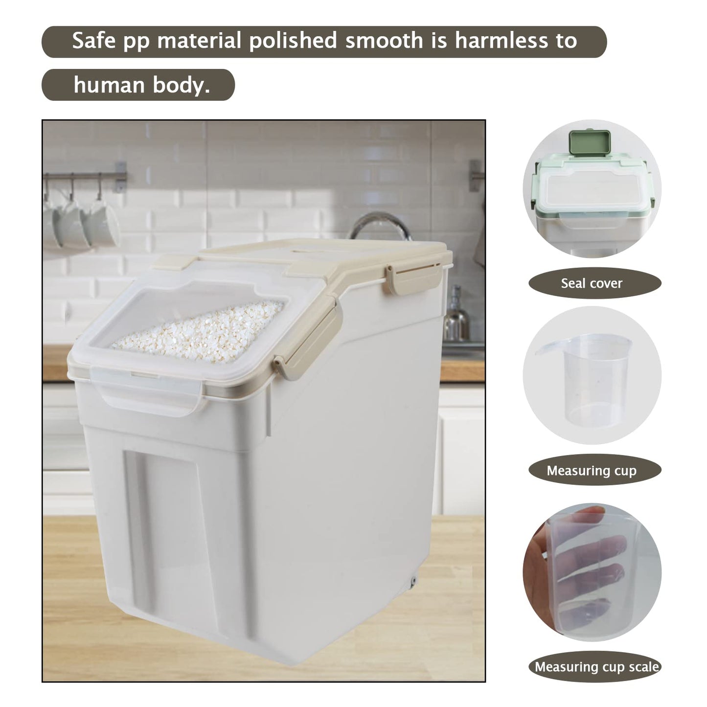 Begino Large Flour Storage Container Bin 25lb, 4Pack Airtight Rice Storage Containers with Wheels Seal Locking Lid, BPA Free with Measuring Cup&Scoop for Flour, Rice, Grain(Gray)