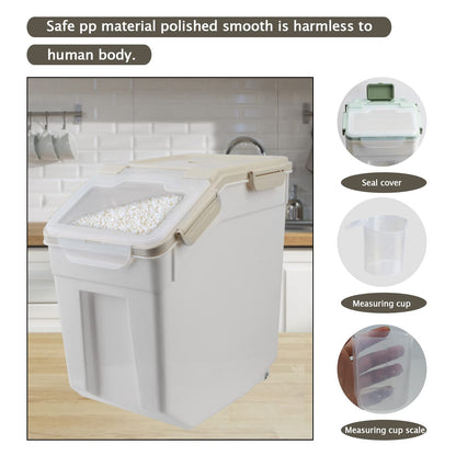Begino Large Flour Storage Container Bin 25lb, 4Pack Airtight Rice Storage Containers with Wheels Seal Locking Lid, BPA Free with Measuring Cup&Scoop for Flour, Rice, Grain(Gray)