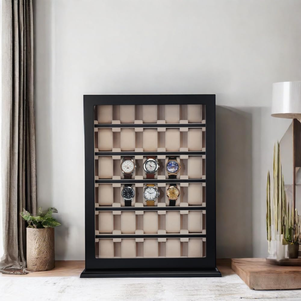 TIMELYBUYS 30 Piece Black Wood Watch Display Wall Hanging Case and Storage Organizer Box and Stand for Oversized Watches