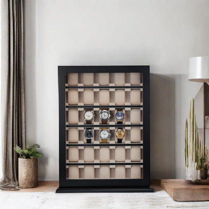 TIMELYBUYS 30 Piece Black Wood Watch Display Wall Hanging Case and Storage Organizer Box and Stand for Oversized Watches
