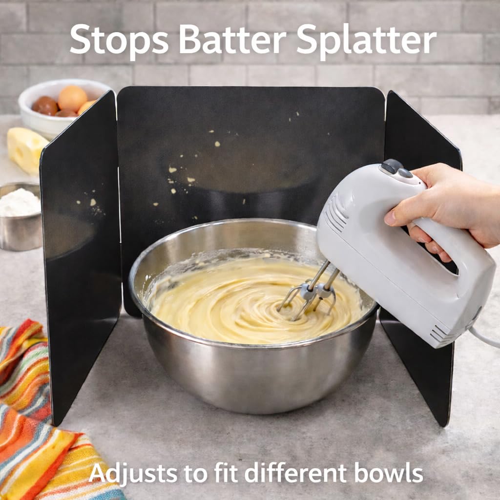 HIC Kitchen 3-Sided Splatter Guard, Non-Stick Carbon Steel, Heat Safe, Folds Flat For Storage, Fits Up To 10.5-Inch Pans And Bowls