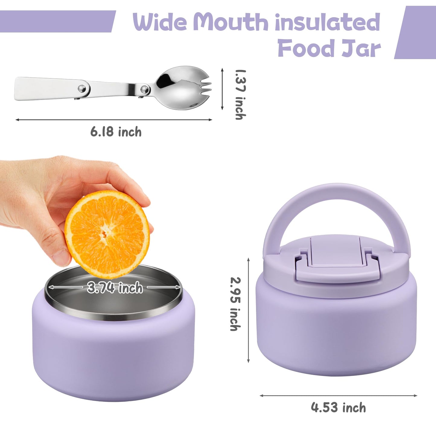 BABHAMNESS 13.5oz Soup Thermo for Hot Food Kids Insulated Vacuum Food Jar with Buckle Lid,Wide Mouth Leakproof Stainless Steel Lunch Container with Spoon-Purple