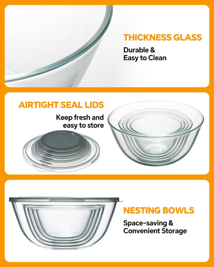 Glass Mixing Bowls with Lids Set of 5(4.78QT,2.2QT,1.7QT,1.1QT,0.85QT),Thick Glass Nesting Bowls for Kitchen Baking,Cooking Prep,Storage,Serving,Large Salad Bowls,Dishwasher Microwave Freezer Safe