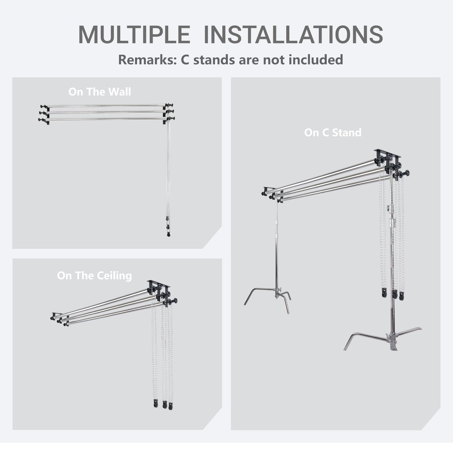 TENBEST Photography Backdrop Roller Support System, 3 Rollers with Metal Chains, 120-inch Stainless Steel Crossbars, Wall/Celing/Light Stand Backdrop Mount, Background Support