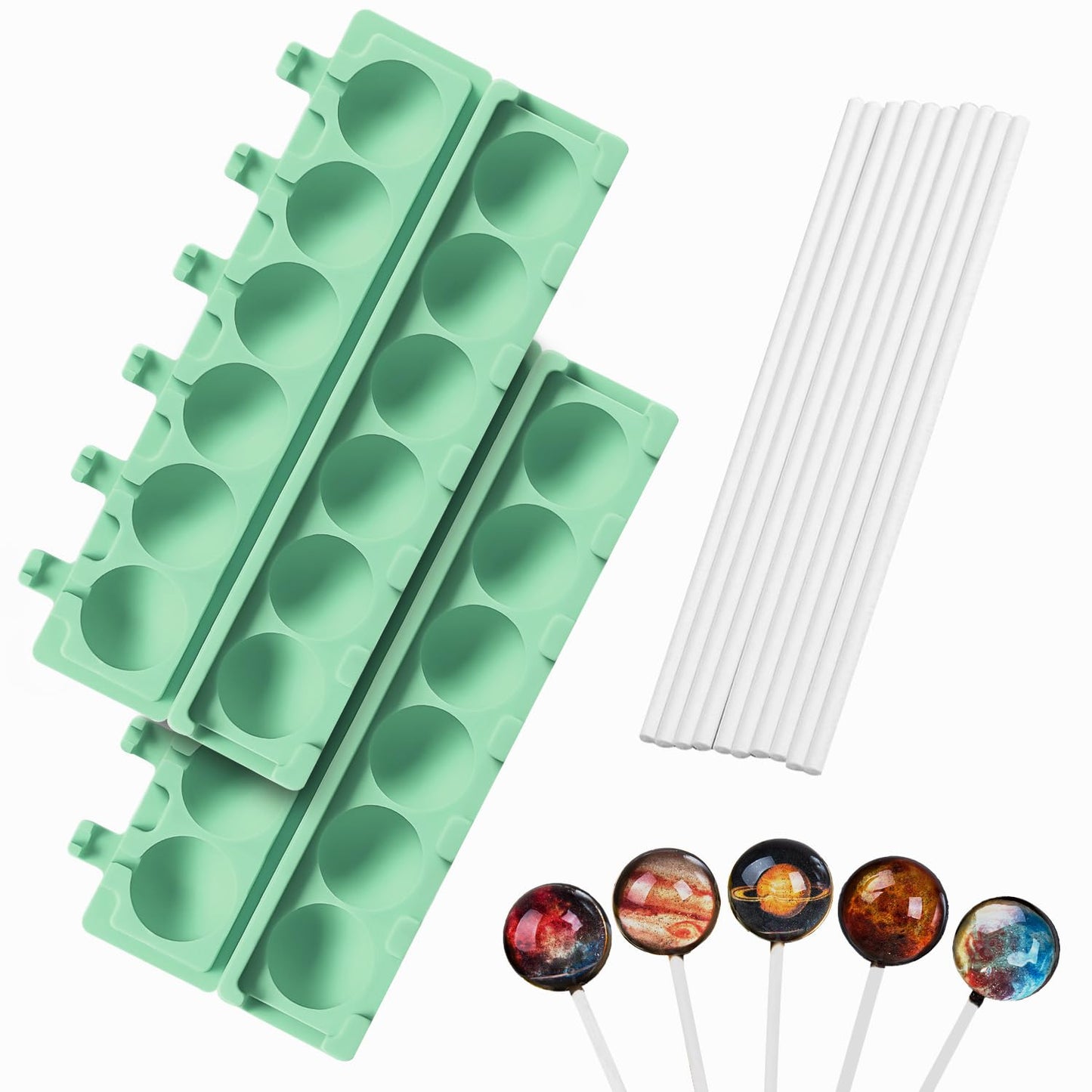 QELEG 2pcs Silicone Lollipop Molds with 100 Paper Sticks, 6-Capacity 3D Round Hard Candy Ice Ball Molds for DIY Chocolate Cake Pop