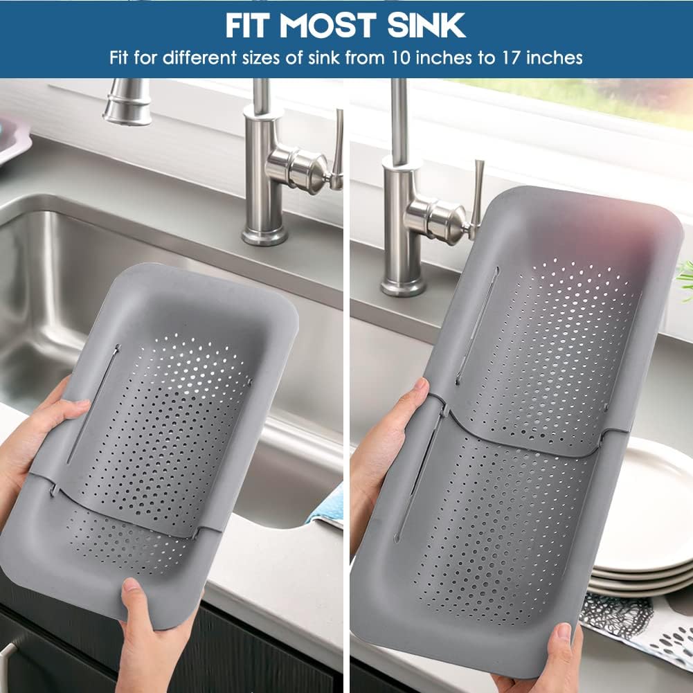 Collapsible Colander Kitchen Strainer, Extendable Food Drain Basket for Fruits, Vegetables, Noodles (Grey)