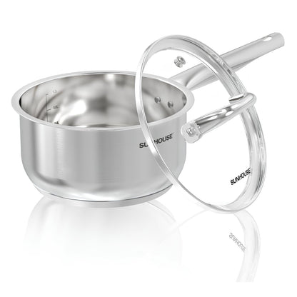 SUNHOUSE – 1.5 Quart Stainless Steel Sauce Pan with Lid - PFOA-FREE, Stainless Steel Sauce Pan, Induction base, Stay-Cool Handle, Compatible with All Cooktops Gas, Geramic, Electric etc.