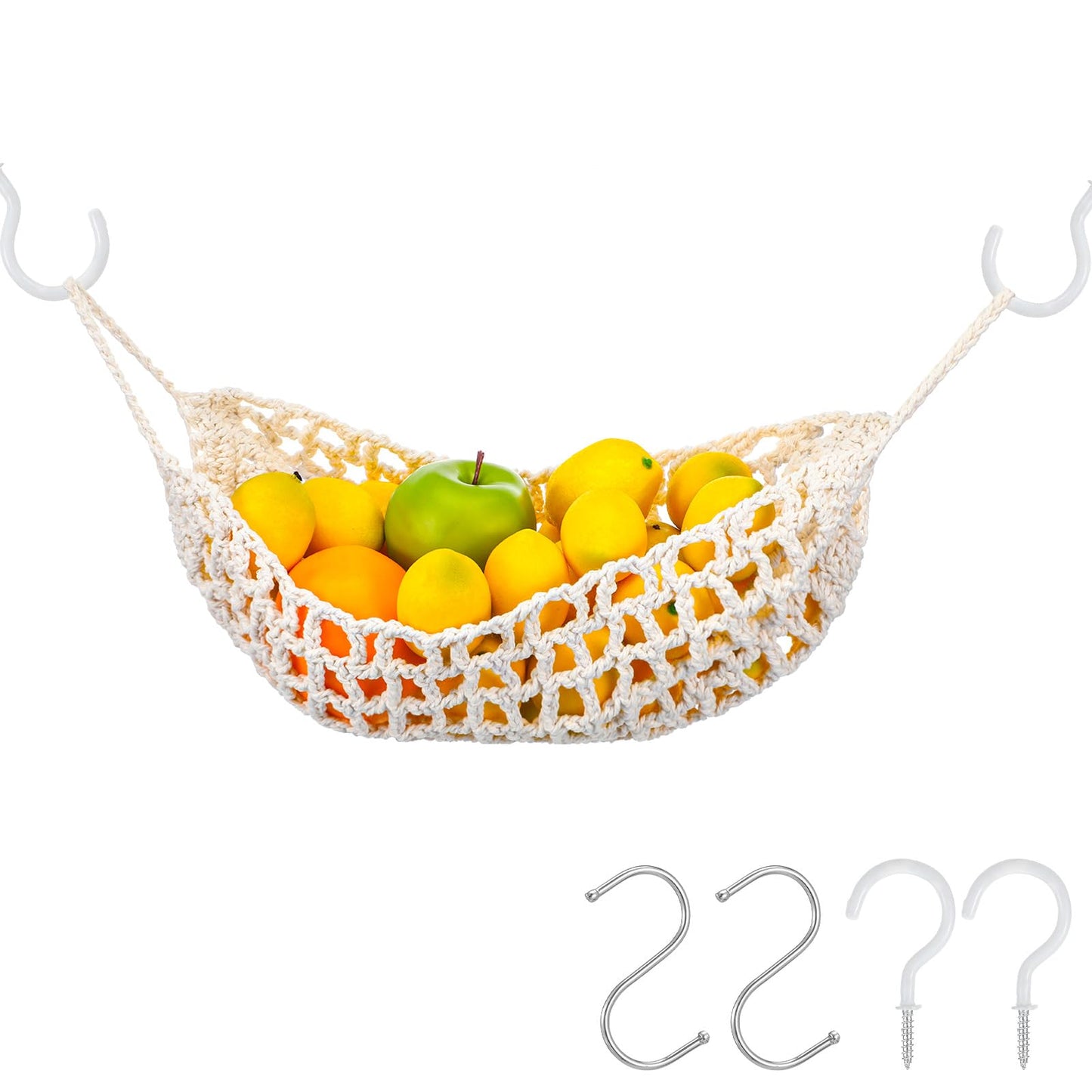 DOPENSPI Fruit Hammock, 22.4×8.7in Fruit Hammock Under Cabinet with 4PCS Hooks Hanging Fruits Basket Fruits Net Woven Boho Banana Holder Veggie Basket Saves Counter for Kitchen Home Boat Rv