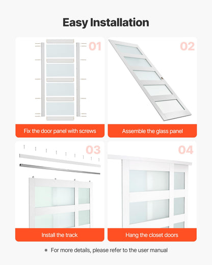 VEVOR Sliding Closet Door, 60" (Double 31") x 80", 5-Lite Frosted Glass with Hardware Kit & Floor Guide, Solid Wood & MDF Slab with Waterproof PVC Surface, Pre-Drilled Doors Panel, Need to Assemble