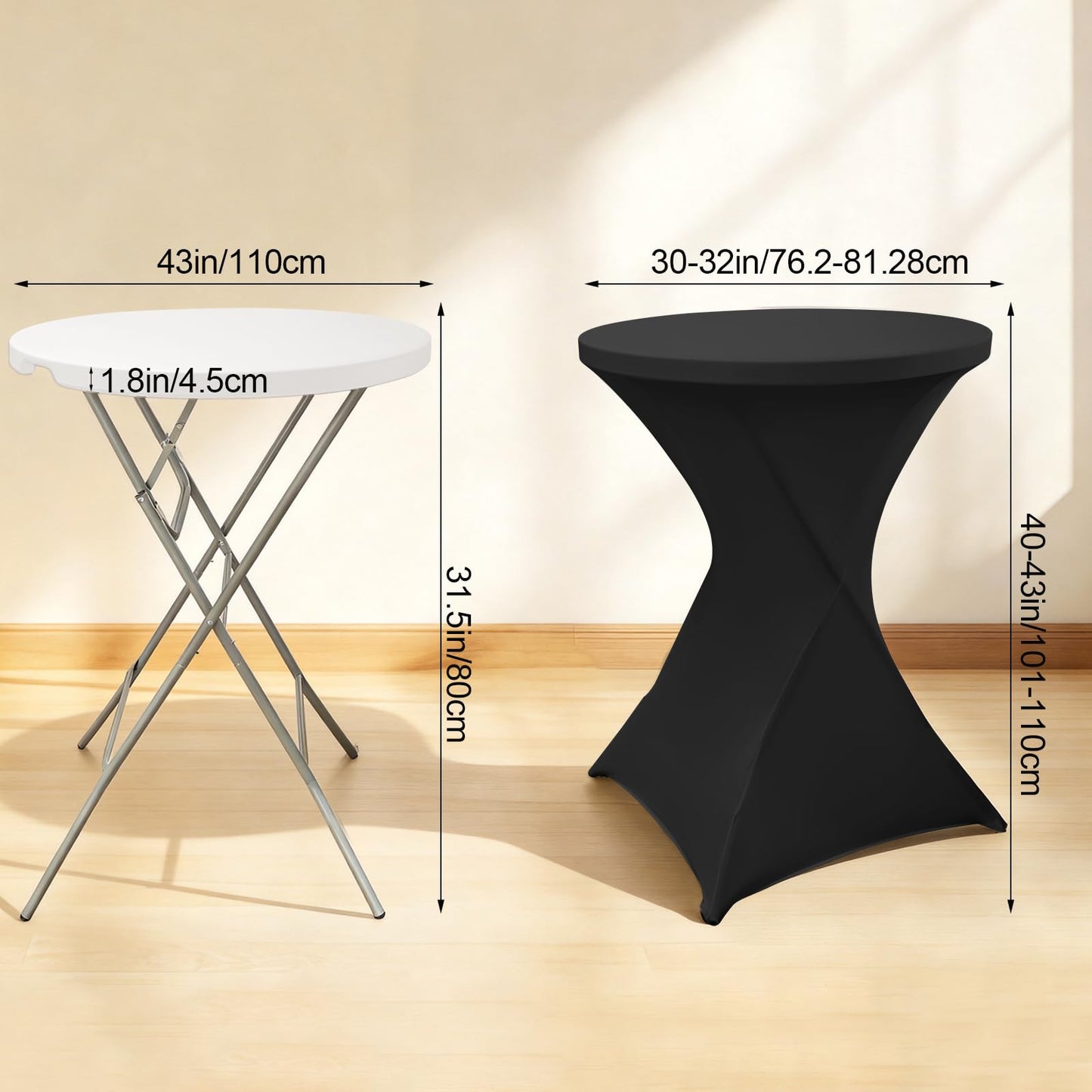 HTVSHEE 2 Set 32" High Top Table Round Folding Cocktail Tables with Removable Legs & 2 Stretch Covers White Tall Bar Table for Wedding Party Patio Events