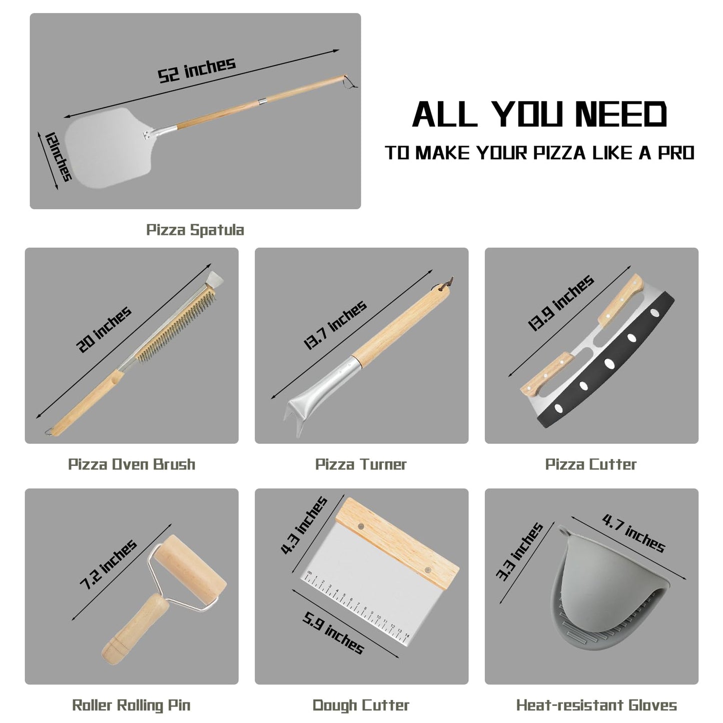 The 7-piece pizza oven accessory set is perfect for making pizza. Comprises a pizza shovel, an oven brush, a bubble Popper deformer, a rocking knife, a silica gel clamp, a dough roller and a scraper.
