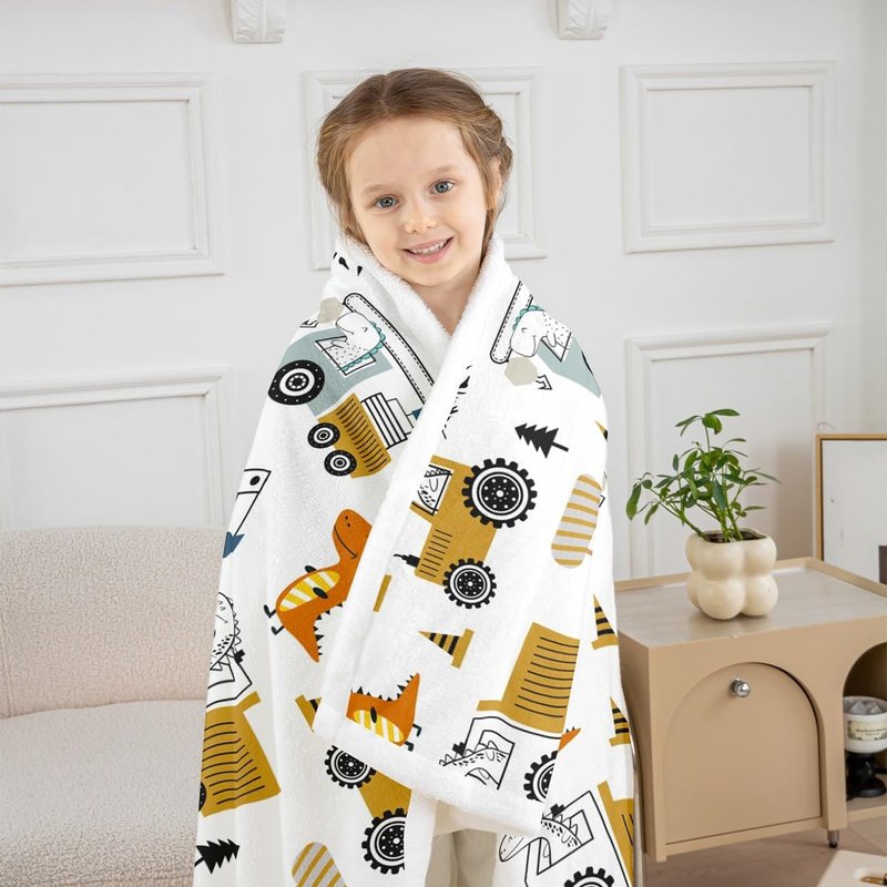 Construction Sherpa Blanket 40"x50" Equipment Trucks Fleece Throw for Kids Boys Girls Decor Dinosaur Plush 3D Digital Print Yellow Fuzzy Bedroom