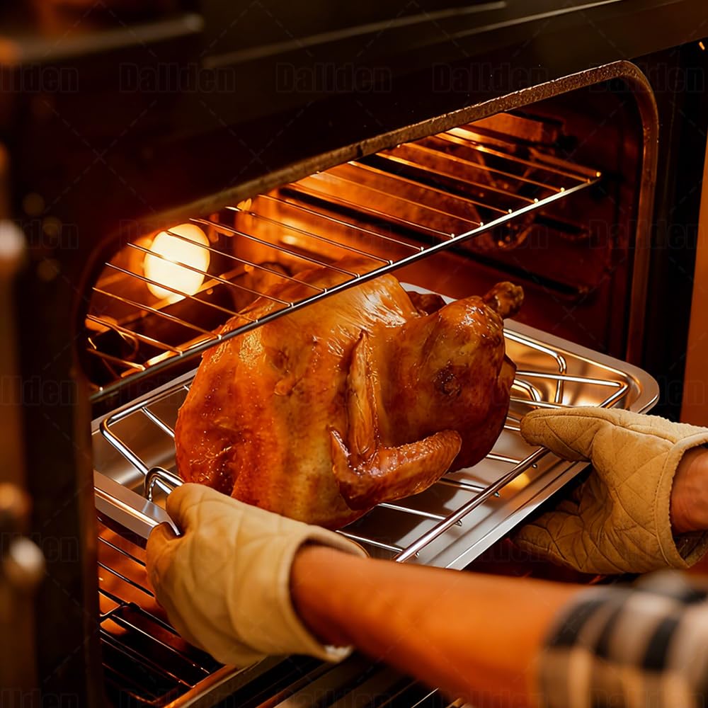 15.5 Inch Turkey Roasting Pan with V-Rack, Stainless Steel Turkey Roaster Pan for Ovens, with V & Flat Rack Meat Claws Brush, Deep Broiling Pan for Turkey Chicken Ham