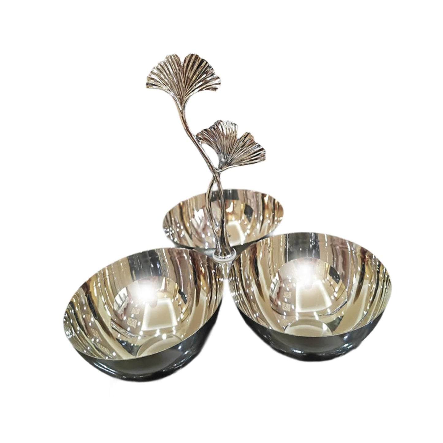 ＫＬＫＣＭＳ Stainless Steel Snack Bowls,3 in 1 Cluster Serving Bowls,Decorative,Portable,Connected Fruit Bowl for Snacks Home Decor Tea, Ginkgo Handle