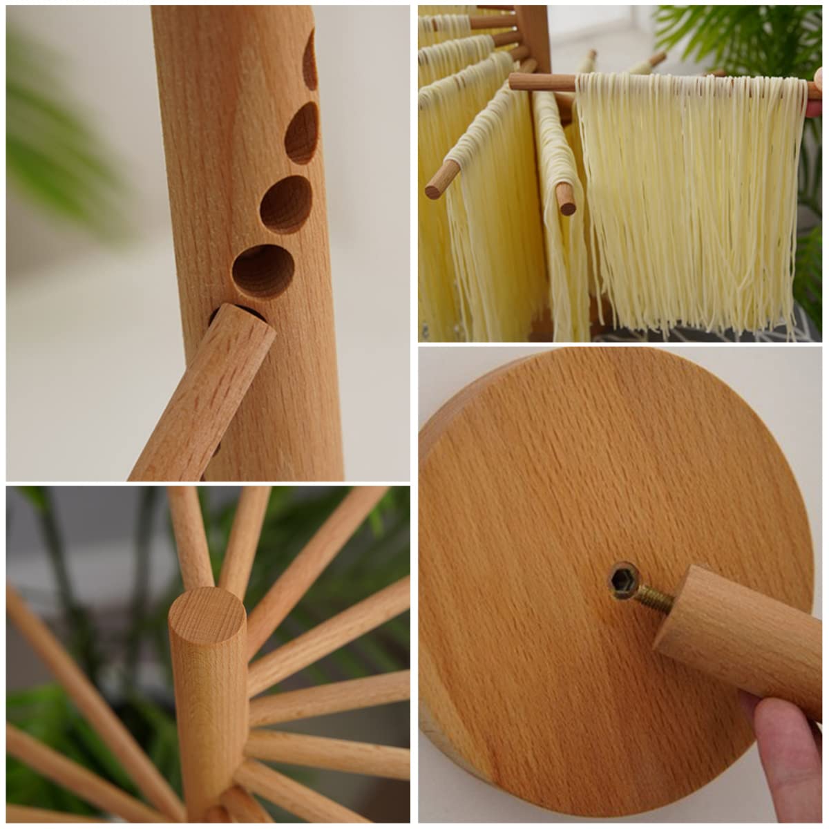 Collapsible Pasta Drying Rack Wooden Spaghetti Stand Dryer with 16 Suspension Rods Homemade Fresh Noodle Hanger Easy Storage(Log Color)