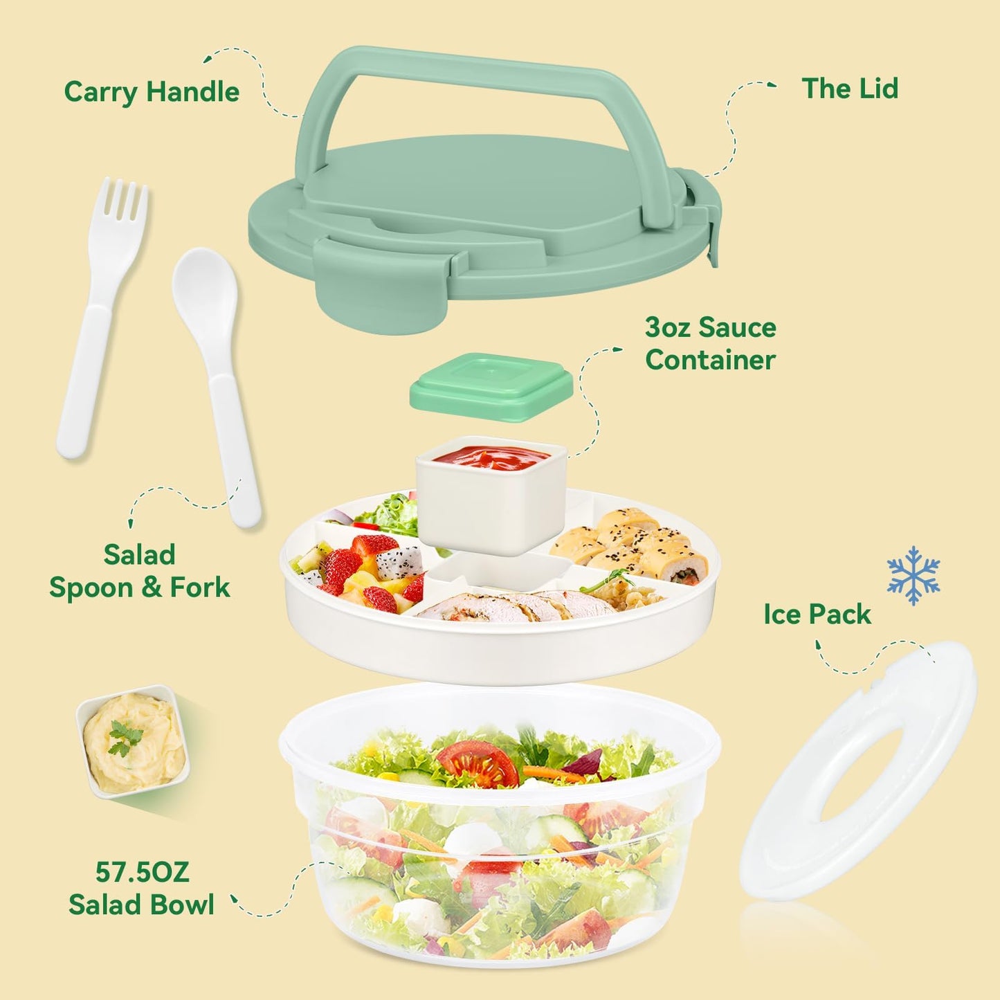 Reeple Salad Container for Lunch, Bento Lunch Box 58-oz with 4 Compartments Tray and Ice Pack, Leak-Proof Salad Bowl with Lid for Adults, BPA-Free Lunch Box for Meal Prep & Food Storage(Green)