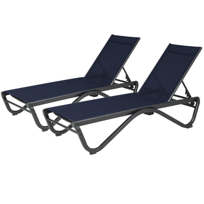 Kozyard Outdoor Chaise Lounge Chair, All Aluminum Frame and Textilene Fabric, Fully Flat Adjustable Reclining Patio Lounger for Poolside, Sunbathing & Backyard (NavyBlue, 2Chairs)