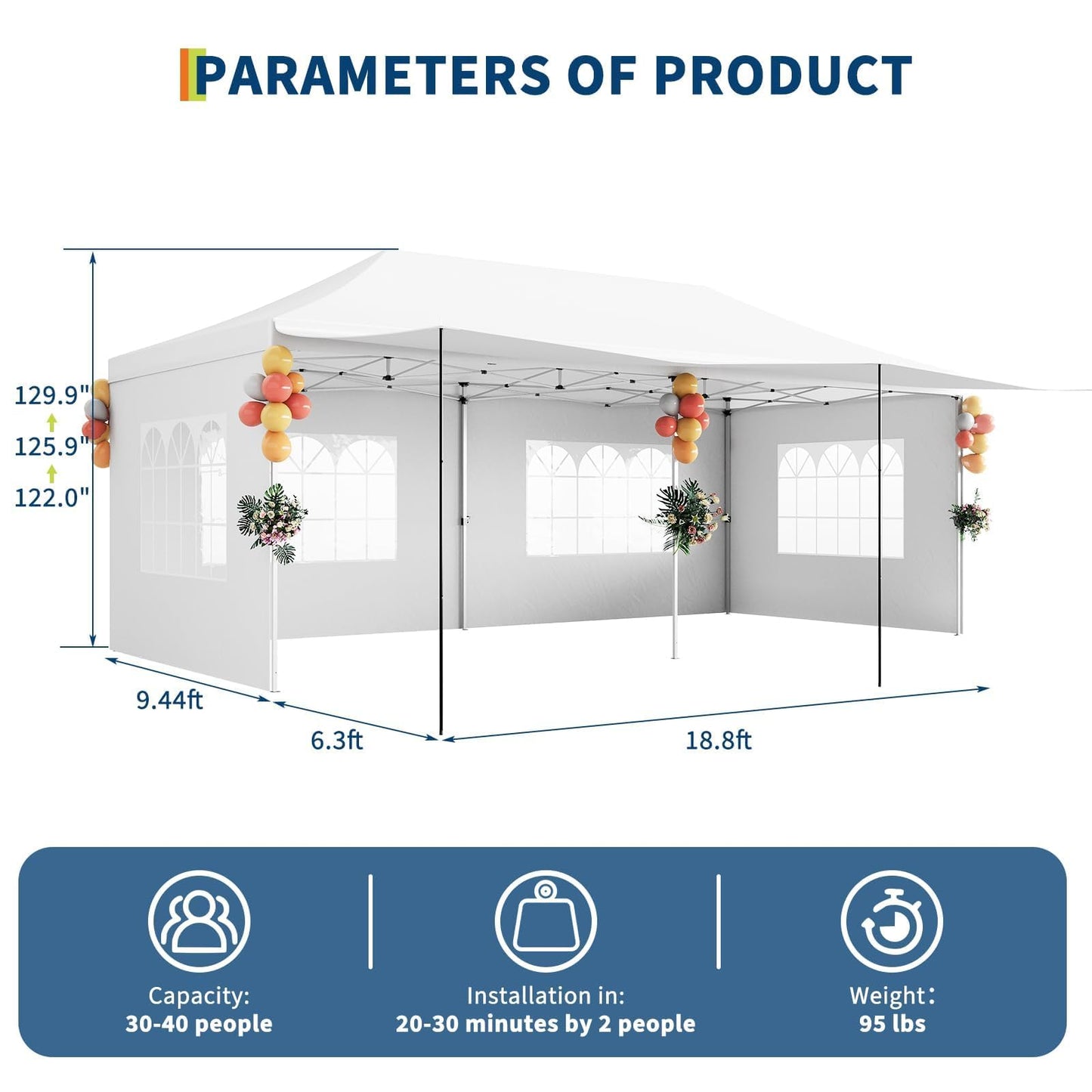 10X20Ft Pop Up Canopy Tent with 5 Removable Sidewalls & PE Windows, Wedding Party Tent Outdoor Waterproof UV50 Canopy Event Shelter Tents for Parties Car Port Vender Events, White
