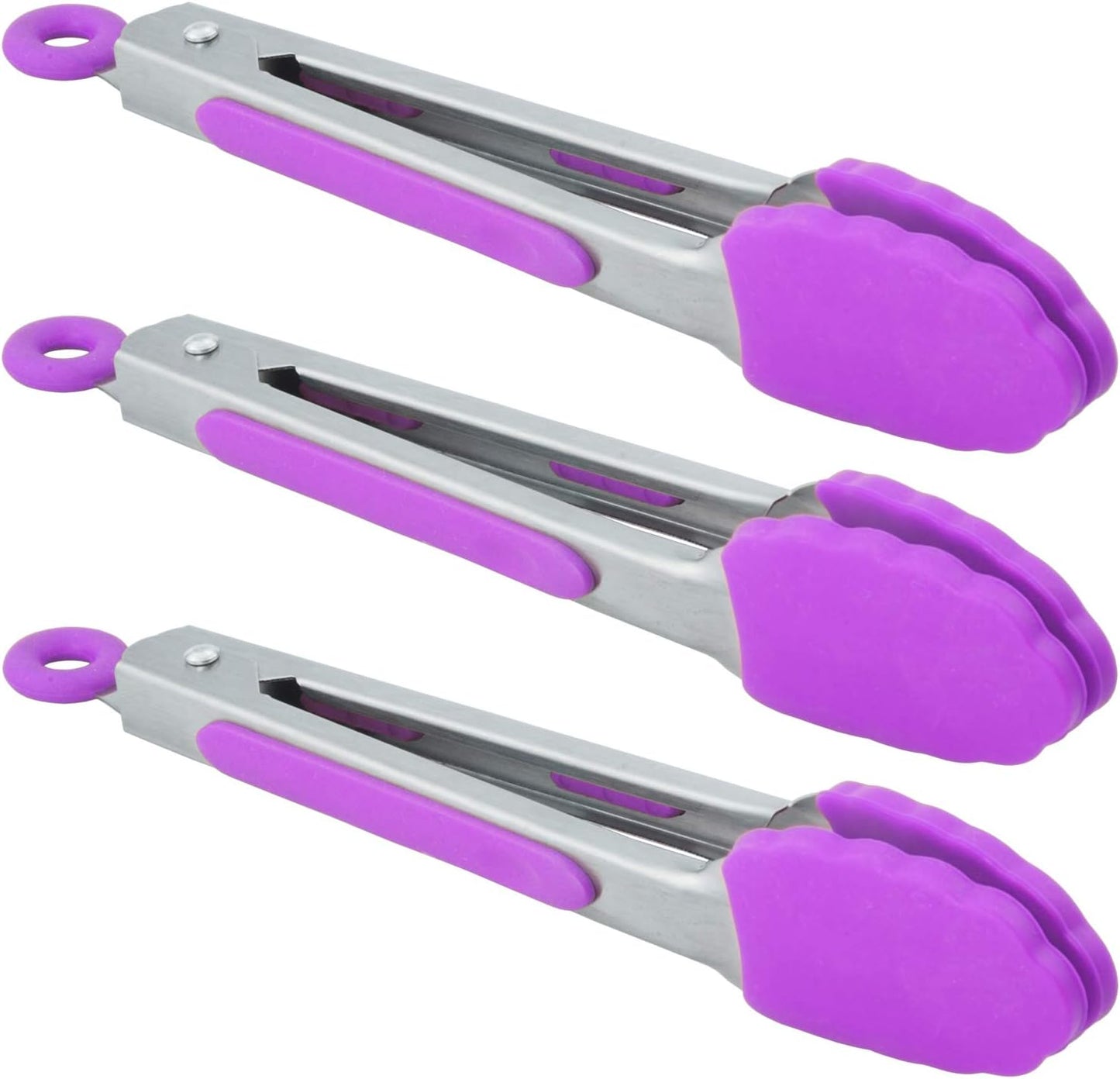Small Kitchen Tongs - 7 Inch Mini Silicone Appetizers Tongs, Set of 3 (Purple)