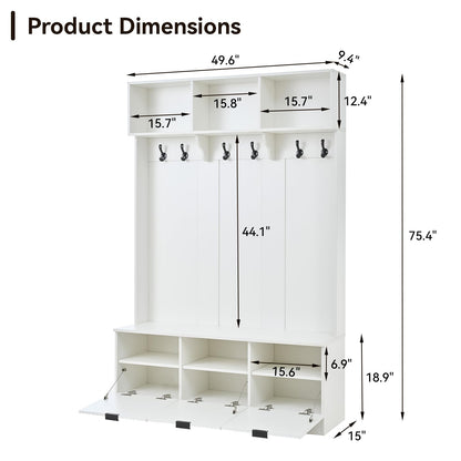 49.6" 5-in-1 Hall Tree with Bench Shoe Storage 3 Open Storage Cabinets, Farmhouse Entryway Cabinet with High Gloss Fluted Doors Coat Rack with 6 Hooks Shoe Cabinet for Hallway Living Room White