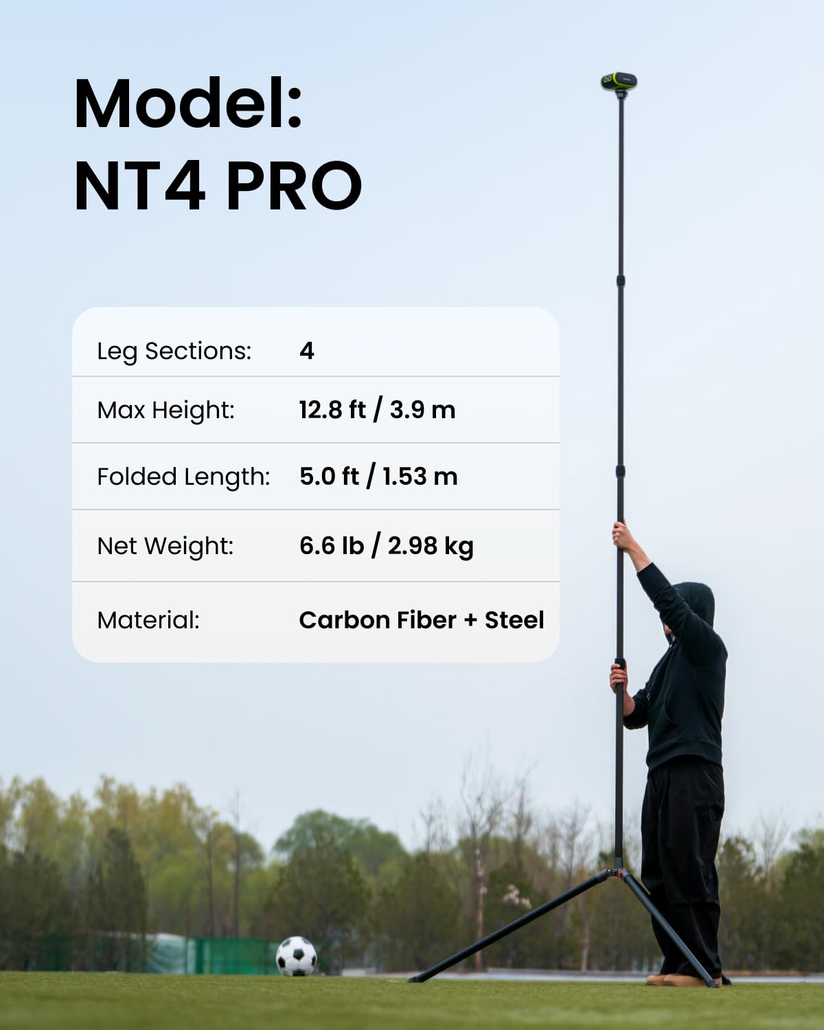 XbotGo NT4 PRO Carbon Fiber Tripod - Professional 12.8ft / 3.9m Extra Tall Sport Camera Stand with Air-Cushioned Center Column, Steady Horseshoe Foot Pads for Game Recording, Seamlessly Fits Falcon