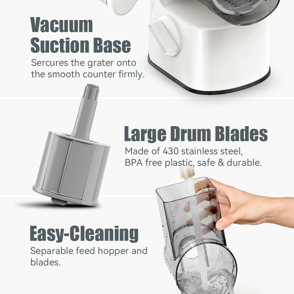 Maxceysen Safe Vegetable Mandoline Slicer Large Multifunctional Rotary Cheese Grater Hand Crank Easy Rotating Veggie Shredder Anti-Cutting, 3 Interchangeable Blades (WhiteGrey)