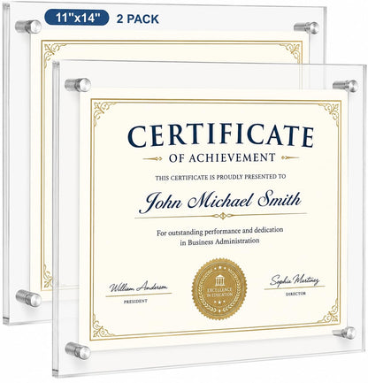 EHWINE 11x14 Acrylic Picture Frame Wall Mount 2 Pack, Floating Frameless Clear Photo Display, Certificate Diploma Poster Document Frame for Home, Office, School, Gallery Decor with Silver Hardware