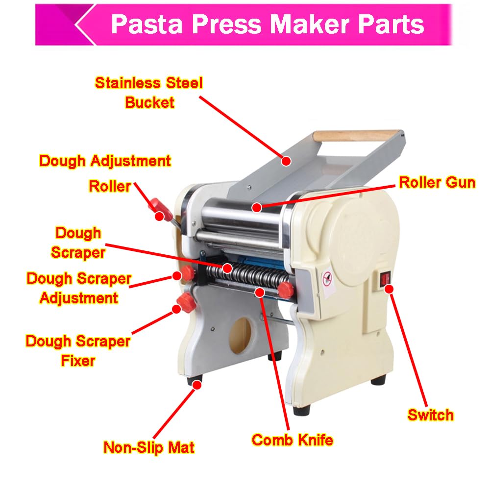 JARYANNIX Stainless Steel Electric Pasta Press Maker, 3mm Round Knife Noodle Making Machine Adjustable Width Automatic Noodle Maker for Home Commercial 110V 550W