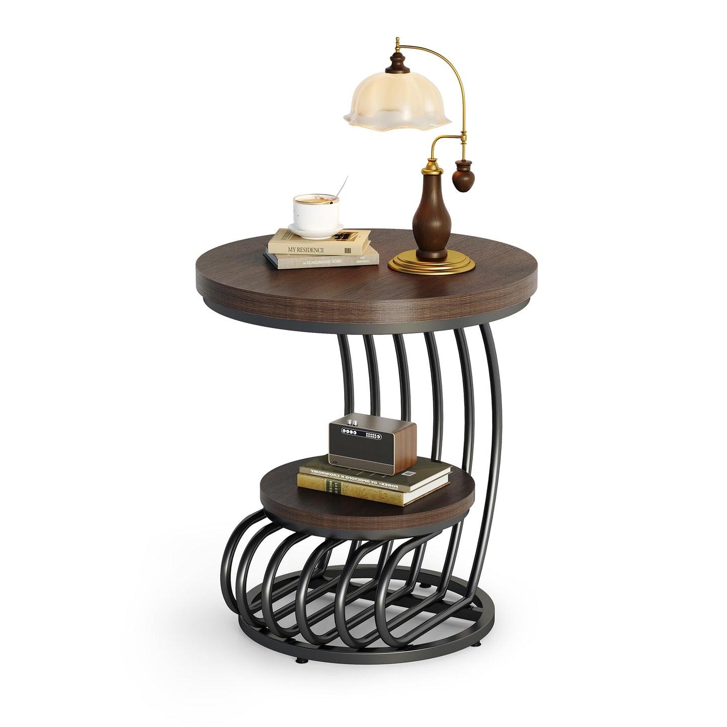 LITTLE TREE Round Side Table, Wood End Table with 2-Tier Storage Shelf, Accent Coffee Table, Creative Curved Metal Frame End Table for Small Spaces, Living Room, Bedroom, Brown + Black